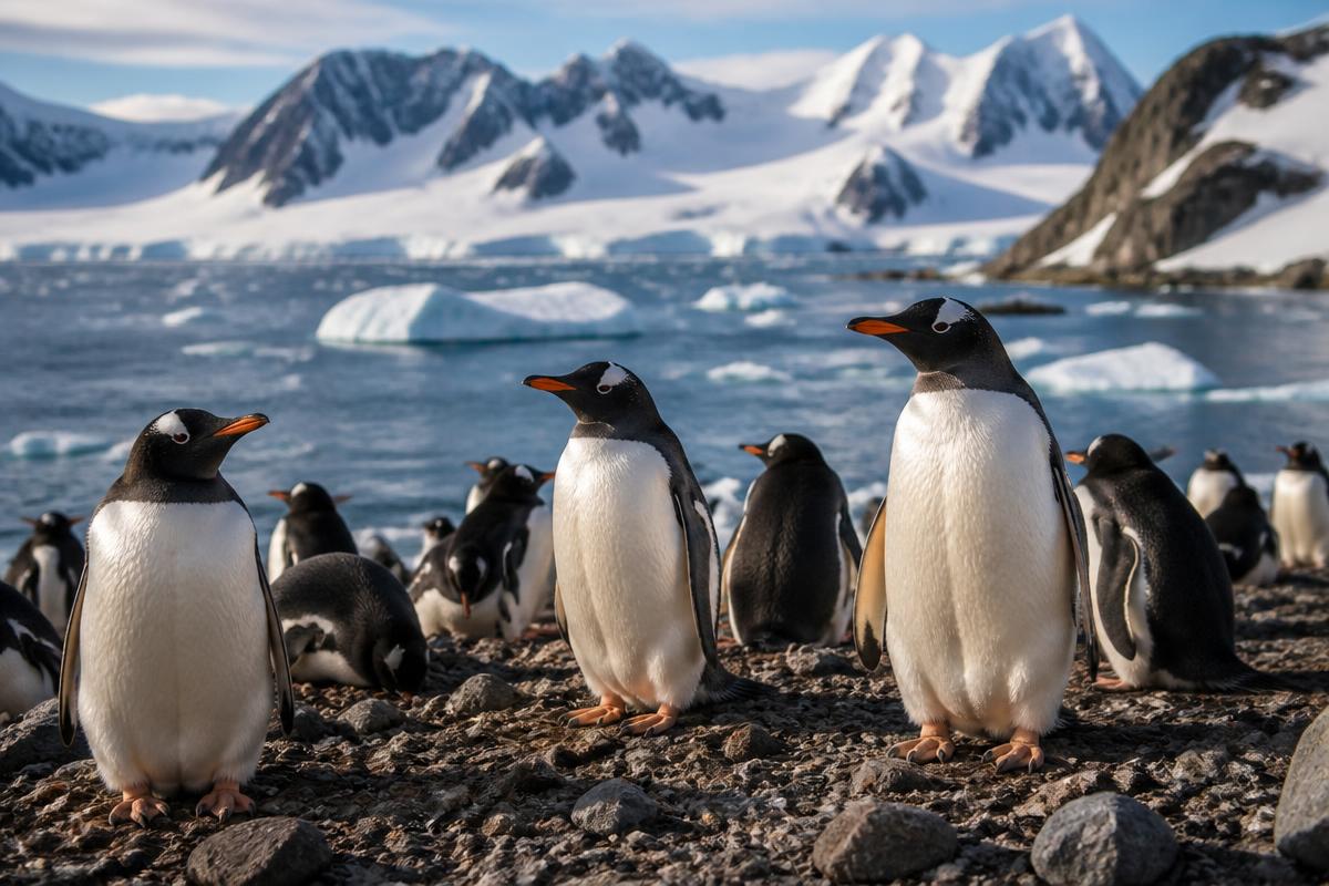 Colônia de pinguins-gentoo em praia rochosa da Antártida com montanhas nevadas ao fundo